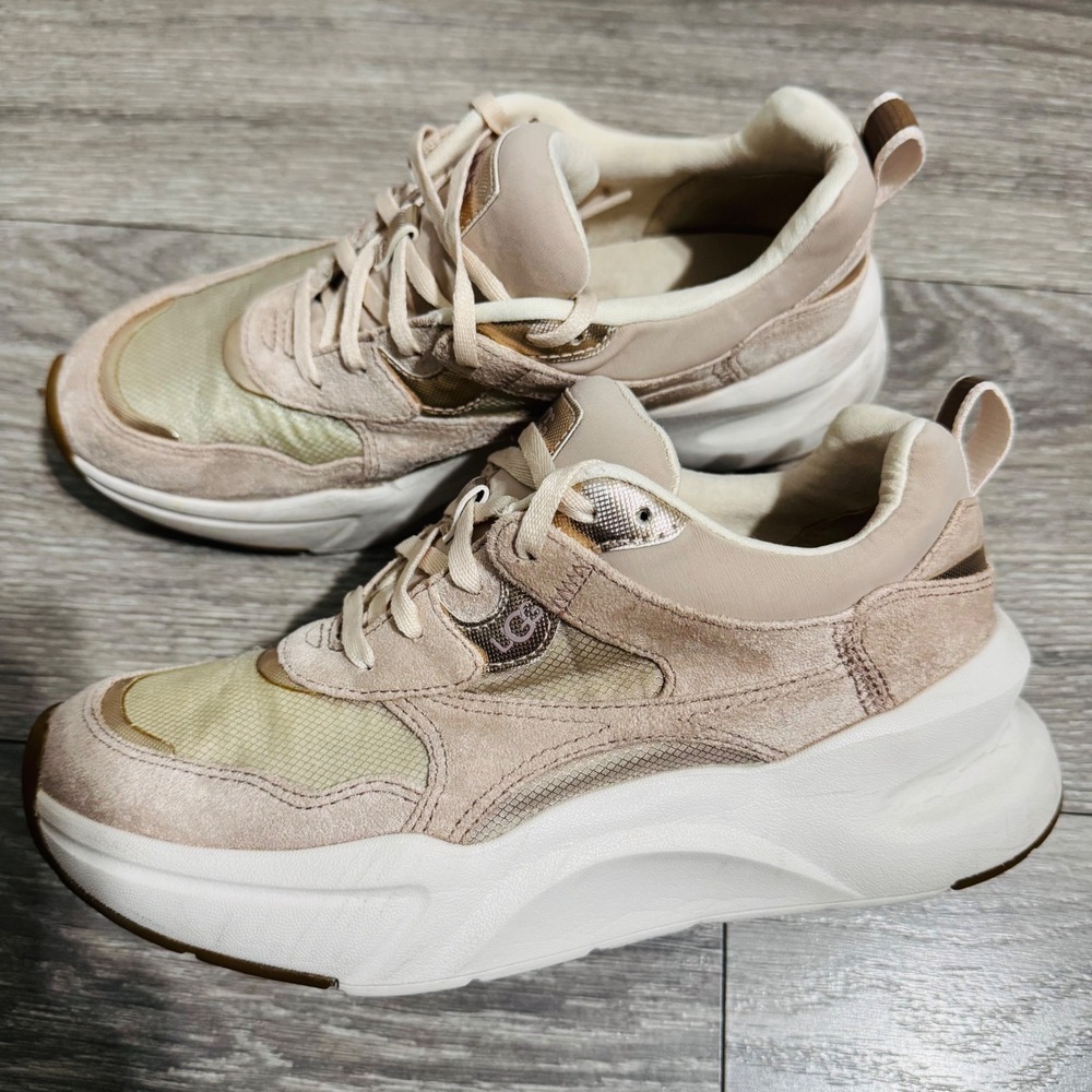 UGG LA Hills Women Beige Pink Suede Mesh Platform‎ Sneakers Size 6 Metallic
